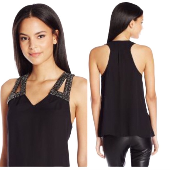 GUESS Oriole Beaded Laser Cut Out Detail Sleeveless Top/Blouse/Tank Black Small - Picture 1 of 9